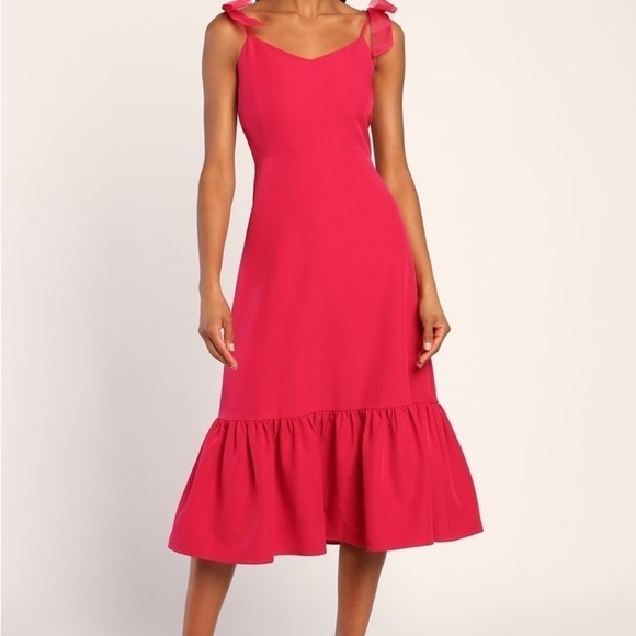Lulu's | What a Gift Hot Pink Bow Strap Midi Dress Size Medium - Picture 1 of 6